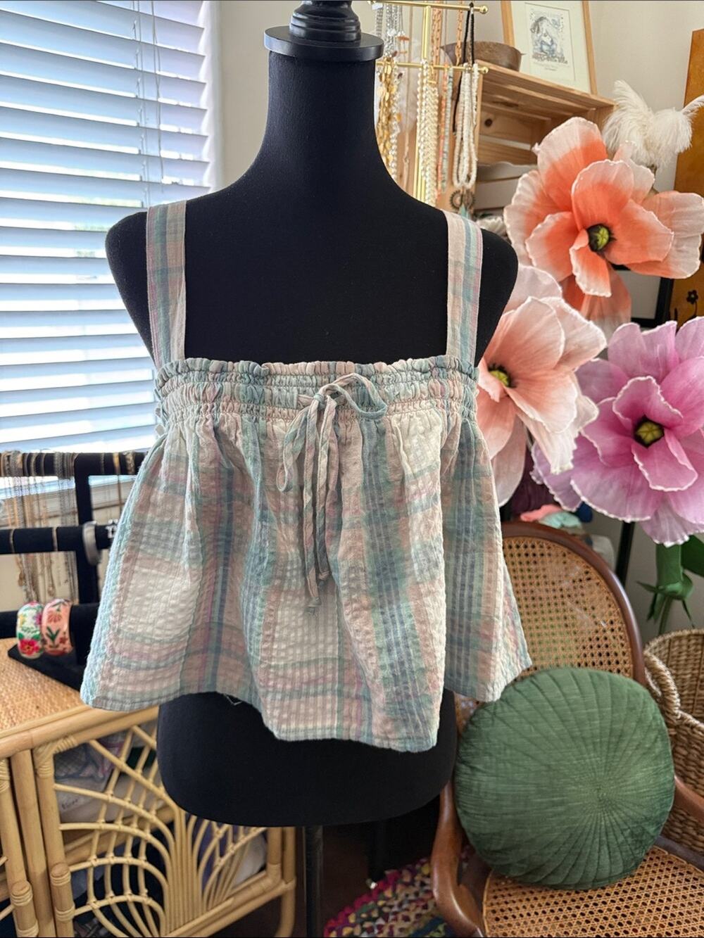 American Eagle Pastel Plaid Preppy Boho Sleeveless Swing Cami Crop Tank Top